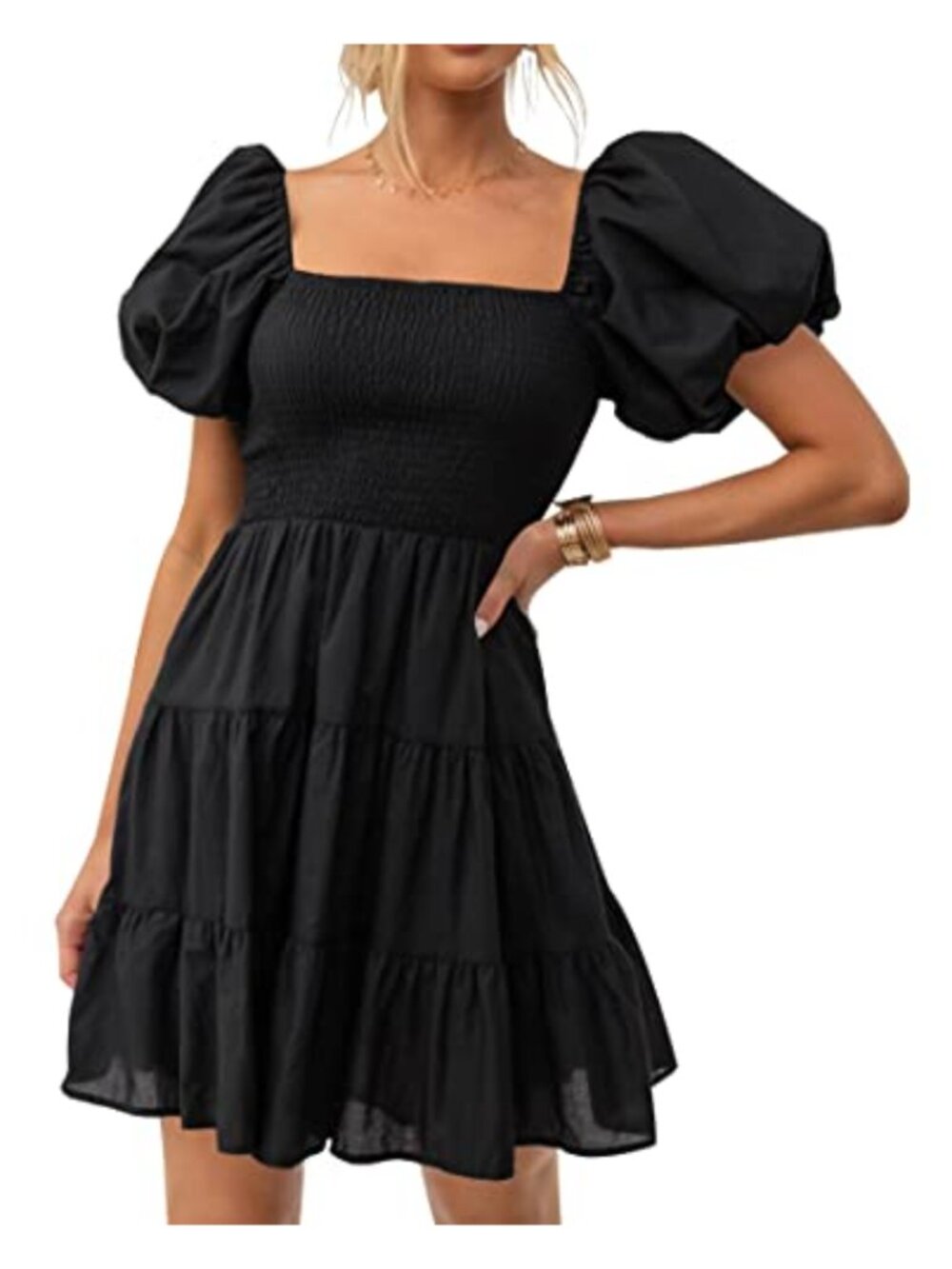 Boho Summer Mini Dress Smocked Puff Sleeve A Line Square Neck